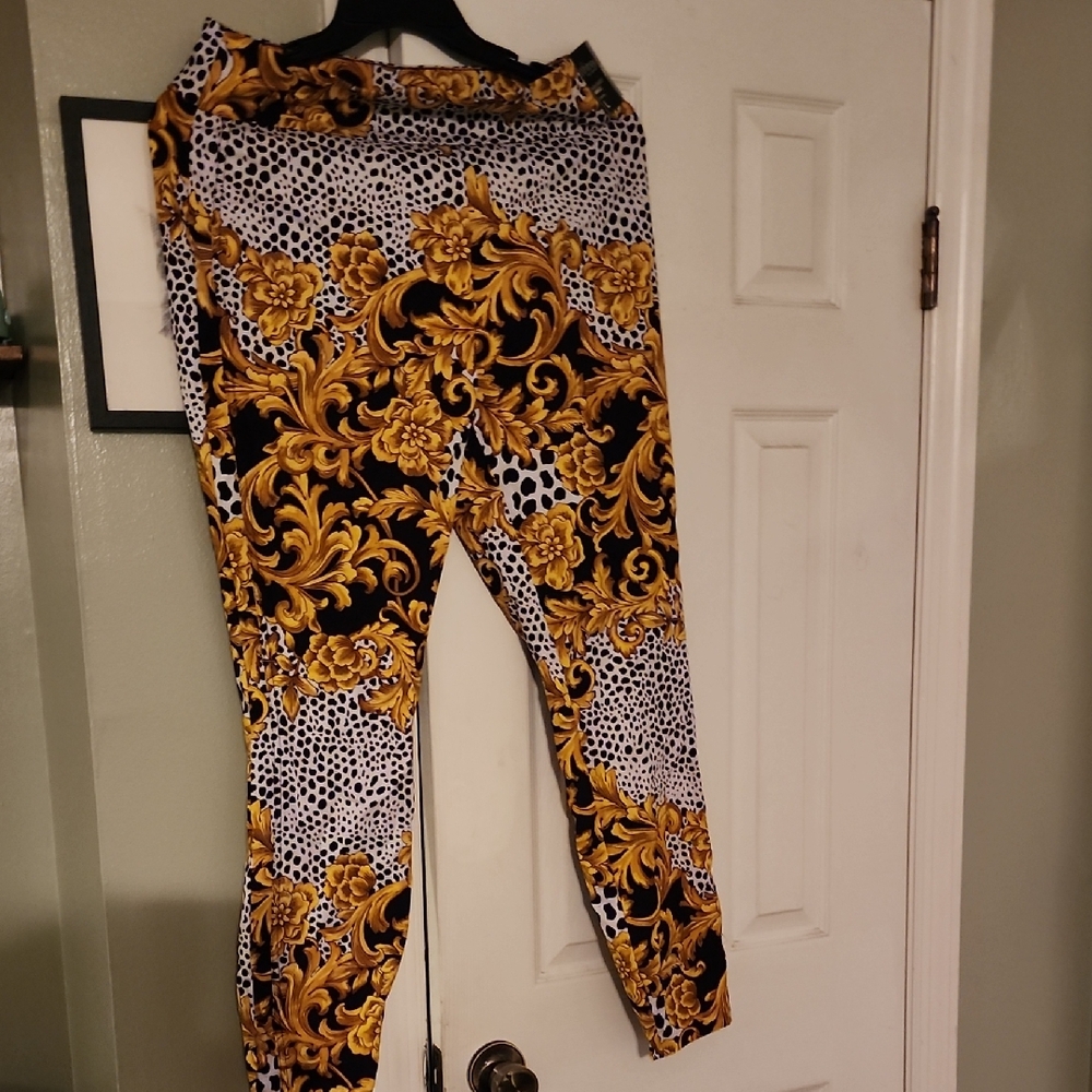 Elegant Gold and Black Patterned Women's Pants